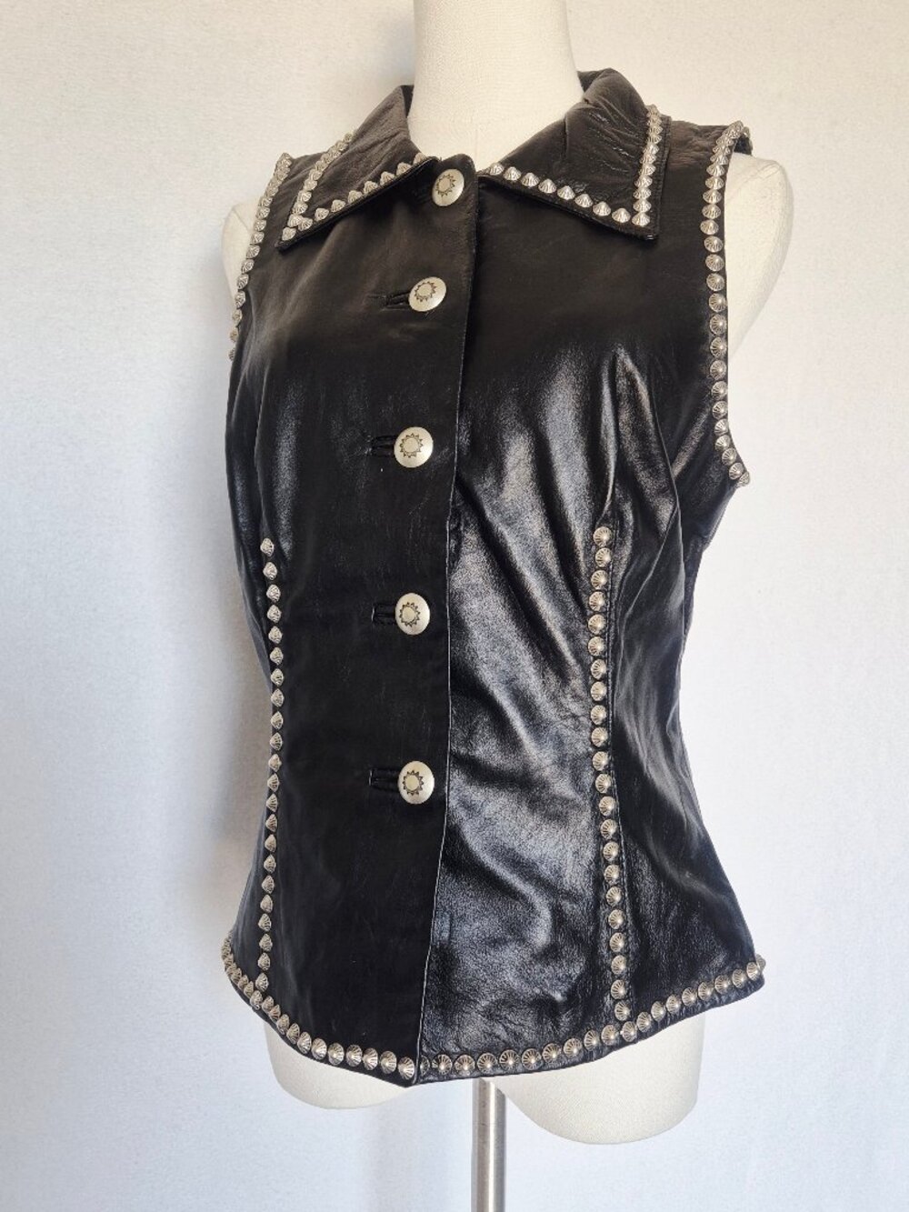 Double D Rance 100% Leather Studded Western Vest Silver Button Black - Picture 3 of 16